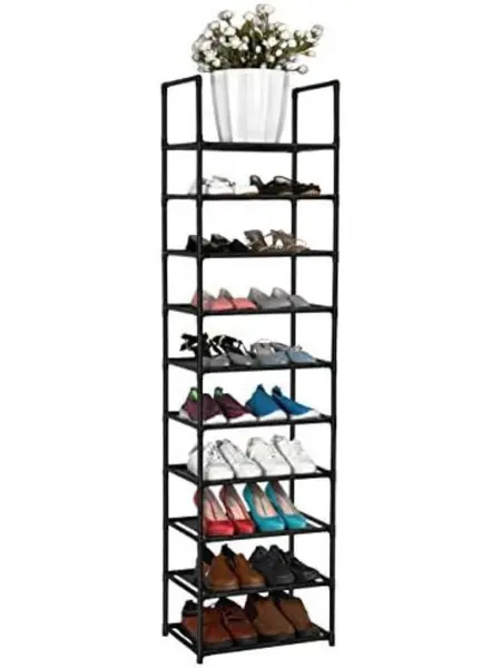 Vertical Shoe Rack 10 Tiers Narrow Rack for Closet DIY Tower Holds 20-25 Pairs Durable Stackable Shelf Space Saving Stand with 2 Hooks Metal Organizer, Black