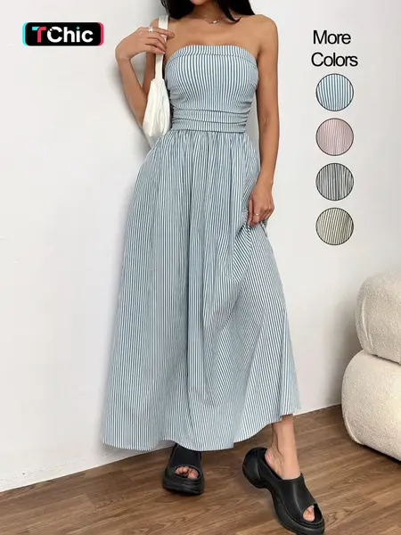 Women's Striped Strapless Tube Dress, Casual Sleeveless Dress for Summer, Fashion Women's Clothing for Daily Wear