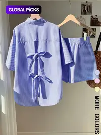 Two-piece Matching Set Women's Striped Print Bow Back Top & Shorts, Casual Button Top & Shorts for Summer, Ladies Clothes for Vacation Holiday Aesthetic, Shorts Outfit Set