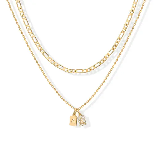 PAVOI 14K Gold Plated Initial Letter Double Dog Tag Pendant Necklace - Dainty Cubic Zirconia Letter Tag Round Box Chain Necklaces for Women
