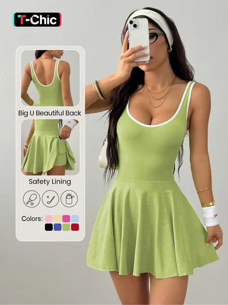 Women's Sporty Sleeveless Tennis Dress with Shorts, Integrated Shorts & Bra, Twisted Cut Design, Tennis Workout Dress, Ideal for Gym, Yoga, Casual, Tennis Sports Dress