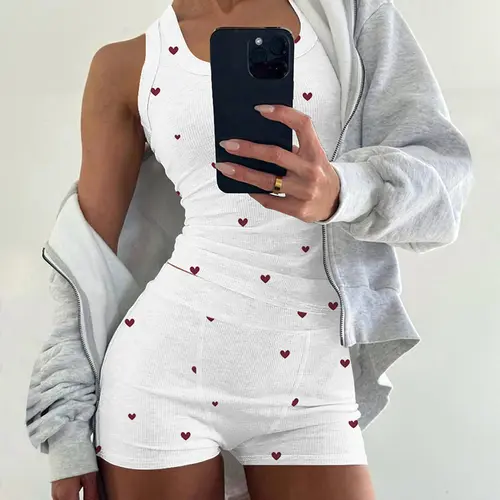 CHICME Women's 2 Pieces Pajamas Set Heart Pattern U Neck Tank Waist Shorts Set Fit Breathable