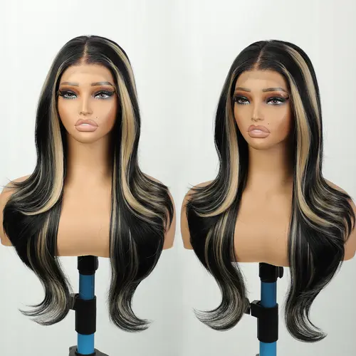 Women's 13×4 Skunk Stripe Synthetic Lace Front Wig, 26in Glueless Pre-Plucked Layered Wave, Black & Blond Beginner Friendly Wig with Natural Root for Wedding & Daily Part Wear-and-Go Use, Glueless Wigs, Wigs For Women,sohochic