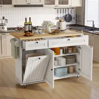 【SohoChic】ONBRILL 60" / 81.7" Kitchen Island with Power Outlet & Drop Leaf, Kitchen Rolling Island with Spice Rack & Towel Rack, Knife Holder, Kitchen Island Cart with Trash Storage Cabinet, Mobile Island Table for Kitchen