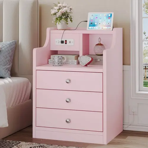SIKAIC Modern Compact Pink Bedroom Desk Nightstand - Cute Apartment Furniture Bedside Cabinet with Charging Station, Power Outlets, USB Ports, Storage Drawers for Home Use