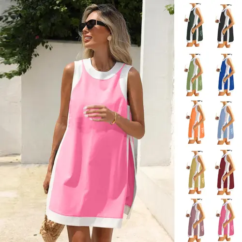 SCUSTY Women's Casual Summervibes Two Piece Sets Color Block Crewneck Sleeveless Pullover Tops Matching Shorts With Pockets 4th of July Independence Day Outfit