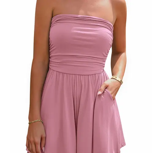 BTFBM Summer Womens Romper 2026 Spring Strapless Tube Beach Vacation Clothes Ruffle Boho Loose Shorts Jumpsuits Pockets