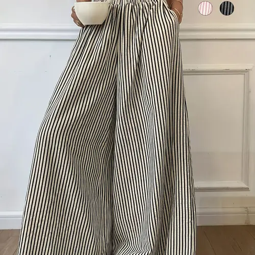 Women's Vertical Striped Elastic Waist Wide Leg Pants, Elastic Waisted Trousers, Casual Fashion Bottoms, Loose-Fitting Stripe Design, Comfortable Daily Wear, Womenswear, Lady