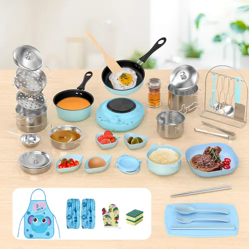 GOTOOFUN Kids Cooking Set for Ages 8-12 (Pink/Blue) - Child Safe Kitchen & Food Toys, Interactive Multi-Piece Pretend Play Kit with Safe Knife, Play Food, Montessori Life Skills Tools, Birthday Holiday Gift,sohochic