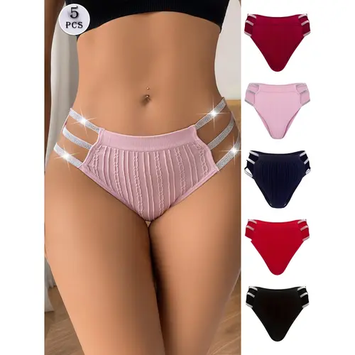 Junella-JFN Women's 5-Pack Lingerie Briefs - Shiny Waistband, Hollow Cutout, Lacy Lace-Edge Detail, High Elastic Fit, 5% Spandex Flex, Breathable Cotton, Mature Elegant Daily Wear, Bikini-Style Comfort