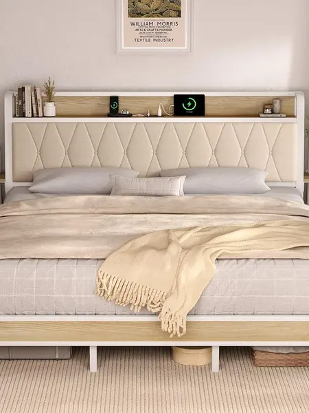 【SummerFinds】ONBRILL Upholstered Platform Bed Frame - King Size, Ergonomic Upholstered Headboard with Charging Port, Side Storage Shelf, Heavy Duty Metal Slats Support, No Box Spring Needed, Easy Assembly, Upholstered Platform Bedframe