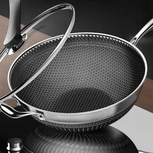 CNCEST 13.4" Professional 316 Surgical-Grade Steel Wok - Magnetic Steel Pot (Magnetic Pan), Honeycomb Non-Stick Coating, Heat-Safe Pots, Durable, Glass Lid Included, Gas & Induction Compatible, Nonstick Durable Cooking,sohochic