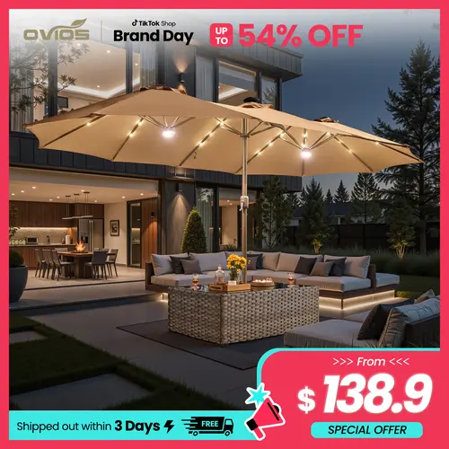 【SohoChic Sale】OVIOS 15FT Double-Sided Patio Umbrella with Dual Center Lights & 36 LED Solar Lights, Large Rectangular Market Umbrella with Crank Handle, Umbrella Table & Base Included