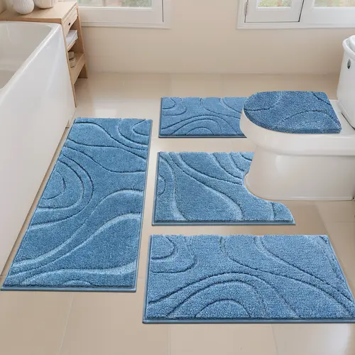 [Back to School] HEBE Washable Bathroom Rugs Sets 5 Piece, Soft Absorbent Microfiber Bath Mat for Bathroom, Non Slip Washable Bath Rug Set with Toilet Cover, Bath Runner and U-Shaped Contour Toilet Rug summerwins