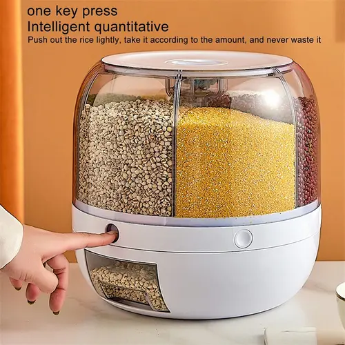 1 Pack Grain Dispenser Jar Set Food Storage - 360-Degree Rotation, 6 Independent Compartments, Large Capacity Food Storage Organizer, 1-Touch Access, for Rice & Mung Beans, Kitchen Organization Utensil