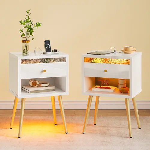 Pinmoco 2-Piece Modern LED Nightstand Set - Particle Board Smart Indoor Furniture with Ambient Light, 2-Way LED Install, Charging Station, Drawer and Open Shelf Tame Clutter, Glossy Front Panel, Antislip Pads for Small Bedrooms