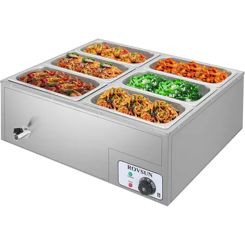 ROVSUN 6-Pan(6.9QT*6) Commercial Food Warmer, 110V Electric Desktop Steam Table with Temperature Control and Stainless Steel Body, Bain Marie Buffet for Party Restaurant and Catering, Sliver