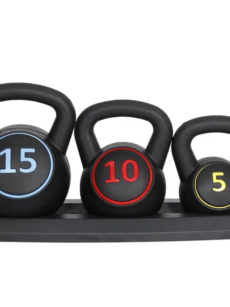 Segawe 3-Piece Stable Kettlebell Set (5,10,15 lbs) with Storage Rack, HDPE+Concrete Weights, Flat Base, Anti-Slip Grip for Full-Body Balanced Training, Home Gym Strength Equipment
