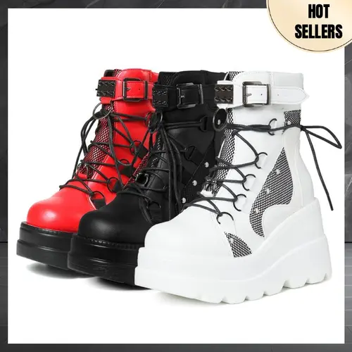 AOSPHIRAYLIAN Women's Platform Ankle Boots - Chunky High Heels Lace-Up Booties, Goth Grunge Aesthetic, Alt Outfits Party Wear, Round Toe Motorcycle Wedges, Alternative Style Shoes, Casual Wear, Faux Leather,sohochic