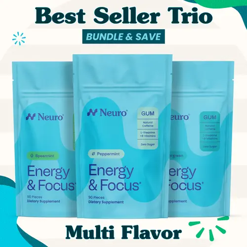 Best Seller Trio - Energy & Focus Caffeine Gum - Multi Flavor (3-Bulk Pouches)