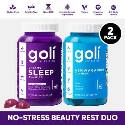 Alle Brean Reset & Relax Bundle - Goli Dreamy Sleep Gummies with Melatonin, Vitamin D, Magnesium, Lemon Balm Extract & Ashwagandha & Vitamin D Gummies with KSM-66, Gelatin-Free, Gluten-Free, Vegan & Non-GMO