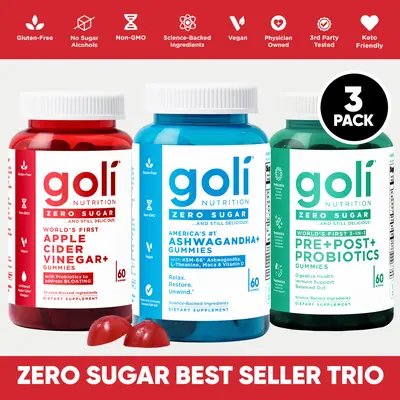 Goli Zero Sugar Best Seller Trio – Daily Gut & Wellness Support with Pre, Post & Probiotics, Apple Cider Vinegar, Ashwagandha & L-Theanine Gummies