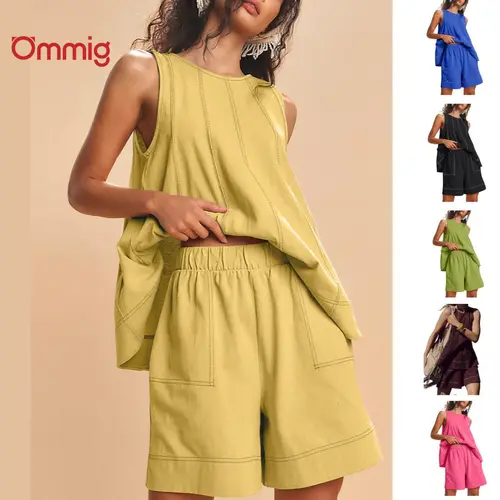 Women's Basic Chic Street 2-Piece Clothing Set - Sleeveless A-Line Tank Top with Contrast Stitching, High-Waist Shorts with Pockets, Oversized Fit,sohochic