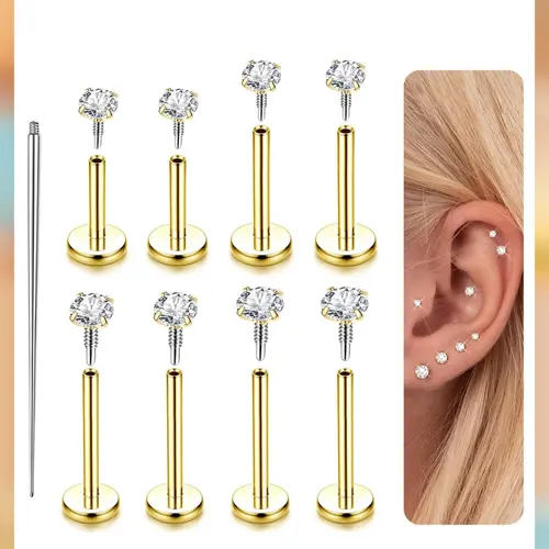 LOLIAS 14 Karat Gold Plated Flat Back Ear Studs - 316L Stainless Steel Internal Thread CZ Studs, 16G-18G Hypoallergenic Jewelry for Nose Piercing, Vertical Helix Earrings, Stainless Steel Jewelry,sohochic