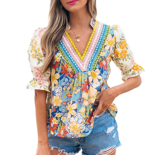 Asvivid Women's Fitted Boho Cottagecore Blouse - Colorful Style, Pop V-Neck, Half-Sleeve, Crochet Embroidery, All-Over Floral Print Casual Summer Vacation Shirts