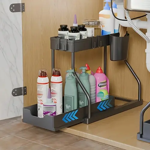 2-Tier Minimalist Under Sink Organizer with Sliding Drawers, Modern Metal & Plastic Storage Rack, Bathroom Organizing Accessories for Kitchen & Bathroom Cleaning Supplies,sohochic