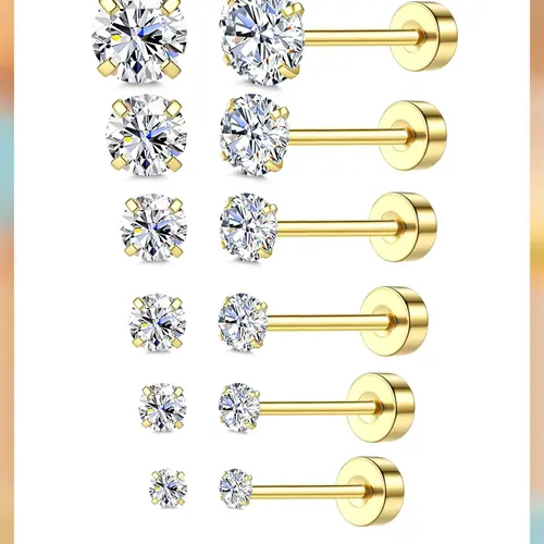 LOLIAS 18 Karat Gold Plated 5A Cubic Zirconia Threadless Flat Back Studs - Surgical Stainless Steel, Hypoallergenic, Body-Safe, Multi-Size Push Pin Cartilage Earrings for Women, Daily Wear Gold Cubic Zirconia Earrings,sohochic