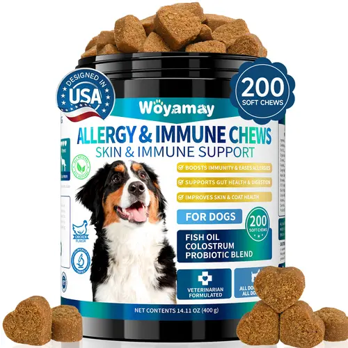 Woyamay Dog Allergy Itch Relief Chewables, 200 Chicken-Flavored High Protein Treats with Fish Oil Blend, Turmeric & Colostrum - Gentle for Allergies, Supports Skin & Coat, Immune Health, Hot Spots, Paw Licking