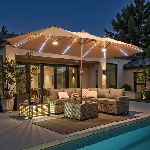 【SohoChic Sale】 Ovios 15FT Double-Sided Patio Umbrella with Dual Center Lights & 36 LED Solar Lights, Optional Coffee Table, Large Outdoor Market Umbrella with Crank Handle & Base Included for Deck, Pool & Backyard