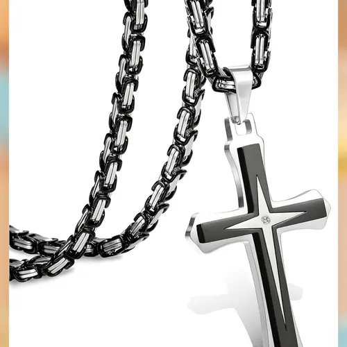 LOLIAS Men's Black 14 Karat Gold Plated Religious Cross Pendant Necklace, Corrosion-resist Stainless Steel Byzantine Chain, Faith Style Gold Cross Necklaces, 22-30in Mens Gifts,sohochic