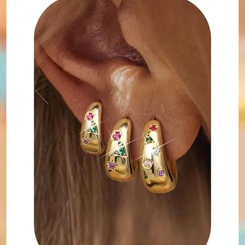 LOLIAS Women's 14 Karat Gold Plated Chunky Hoop Earrings Set (3 Pairs) - Hypoallergenic Lightweight Huggie Earrings with MultiColored CZ, Earring Stack for Multiple Piercing, Chunky Jewelry, Gold Aesthetic, Bling Effect, Everyday Sparkle
