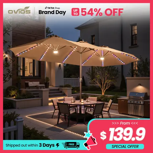 【SohoChic Sale】OVIOS 15FT Double-Sided Patio Umbrella with RGB Solar Lights & 36 LEDs, Large Rectangular Outdoor Market Umbrella with Crank Handle & Base Included for Patio, Deck, Pool & Backyard