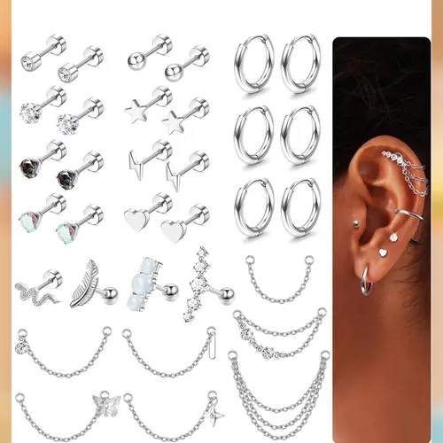 LOLIAS Women's 33Pcs 20G Surgical Steel Cartilage Earring Set - Hypoallergenic Flat Back/Push Back Studs, Hoops, 7 Chain Dangles, Trendy Iridescent Chain, CZ Opal Jewelry for Conch Piercings, Earring Stack, 10mm, Birthday Gift, Body Piercing Kit,sohochic