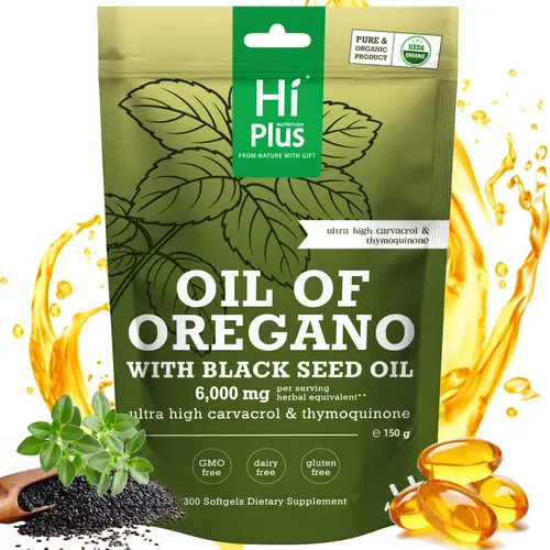 HiPlus Oil of Oregano with Black Seed Oil 300 Capsules | Natural Antioxidants for Fitness | Nutritional Support | Highly Effective Botanicals Edible Dietary Supplement