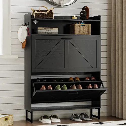 Double drawer ,Freestanding flip shoe cabinet, Slim fit wooden storage cabinet with hidden shelves | Corridor, living room, and bedroom shoe rack
