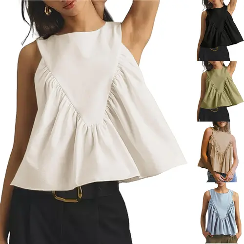 YeoKou Women's Peplum Tank Top - Minimalist Basic Breathable Stretchy Shirred Swing, Pleated Flowy Sleeveless Blouse, Loose Fit Ruffled Casual Vest,sohochic