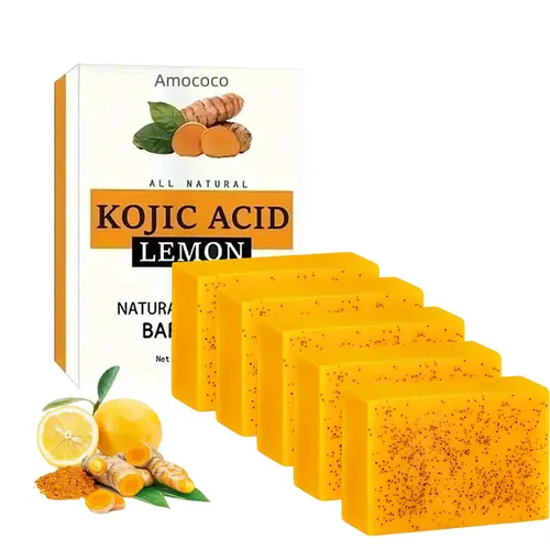 Amococo Lemon Turmeric & Kojic Acid Cleansing Bar Multi-Pack - All-Season Acne Body Care Cleanser for Adults, with Exfoliating, Moisturizing, Brightening Benefits, and Soap Saver Bag (Body Care Set)