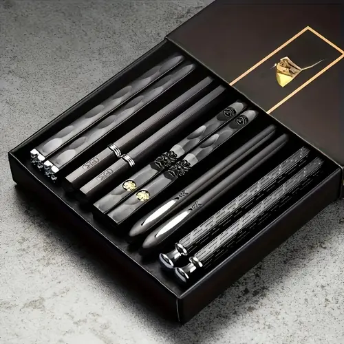 Reusable Fiberglass Finger Chopsticks Set - 5-Pair, 9.5 in, Stainless Steel Core Metal Cutlery, Non-Plastic, Textured Non-Slip Ergonomic Handle, Lightweight, Dishwasher-Safe, Modern Traditional Tableware, Kitchenware, Perfect Gift for Birthdays, Home Use,