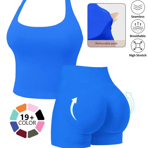 Seamless Workout Sets for Women, Halter Tank Top & Gym Scrunched Shorts Sports Set, Sporty Breathable Quick Drying Outfits for Yoga Gym Workout Running, Ladies Sportswear for Summer, Exercise Clothing Set