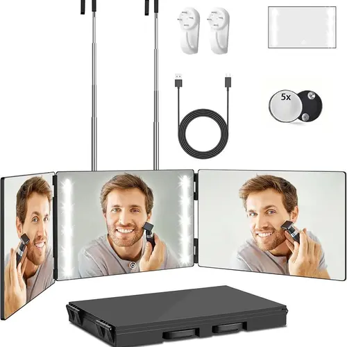 LED Lighted Rectangle Glass Mirror - 3-Way Dimmable Light for Detail, Rechargeable Multi-Way Wall-Mounted/Door-Mounted Mirror for Self Hair Cutting, USB Charging Option (With or Without LED),sohochic