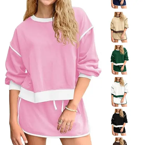 Fisoew Women's Loose 2-Piece Sweatsuit Set - Female Fashion Crewneck Sweatshirt, High Waist Skorts for Casual Loungewear, Athleisure Workout (Fall/Summer Activewear), Two Piece Set, Workout Sets Women
