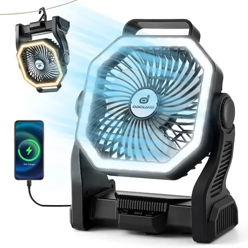 Odoland Camping Fan with LED Lantern, 20000mAh Rechargeable Battery Operated Fan, Portable Outdoor Light with Rotation Hook for Picnic Power Outage Hurricane Emergency Home Patio