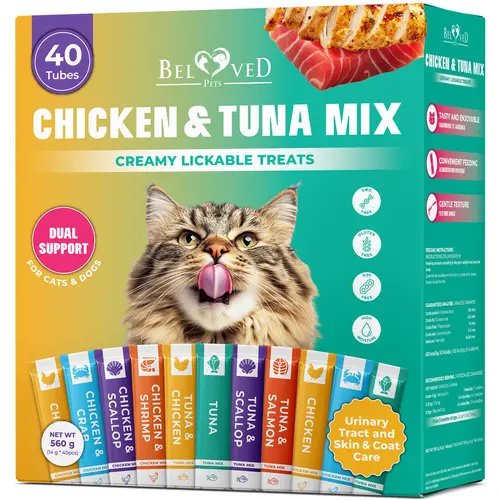 Beloved Pets Lickable Creamy Cat Treats - Chicken & Tuna Flavor, 40-Pack Bulk Packaging