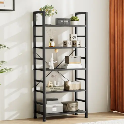 Sweetcrispy 5-Tier Wood Bookshelf - Classical Modern Wall-Mounted Vertical Storage Rack, Above 25 kg Capacity Racks for Living Room Indoor Furniture, Organizer for CDs/Books/Movies