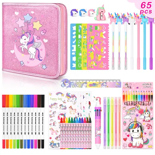 NPET 65pcs Pink Art Drawing Kit - Colorful Marker Set, Marker+Crayon Mix Travel Art Kit with Gel Pens, Pencils, Ruler for Neat Lines, Bag - Kids’ Birthday Gifts, Rainy-Day Play Creative Time Supplies,sohochic
