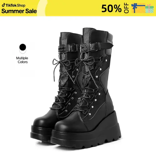 Women's Goth Platform Boots - Chunky Wedge Heel, Lace-Up, Zipper Fast Entry, Round Toe, Mid-Calf - Goth Combat Vibe, Gothic Look, Platform Lift Boost, Steadier Wedge Lift for Concert Festival,sohochic